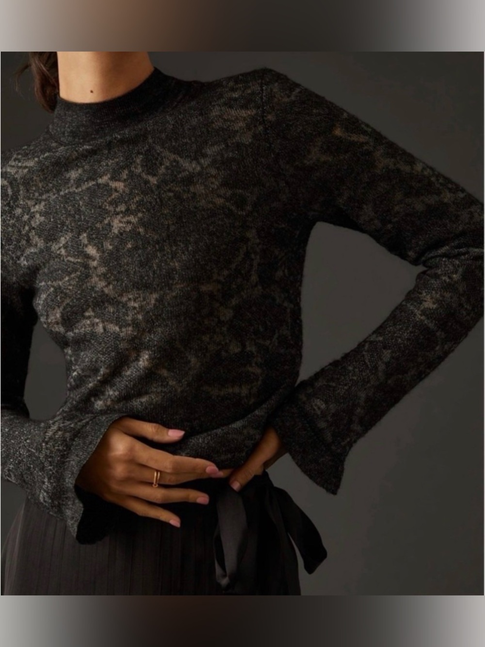 Anthropologie Hanna Lace Mock Neck Merino Wool Sweater Black Gray Flare Sleeve S